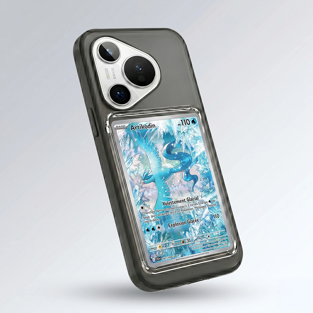 Coque Huawei Pura 70 noire avec slot pour carte (Pokémon, One Piece, Magic & TCG).