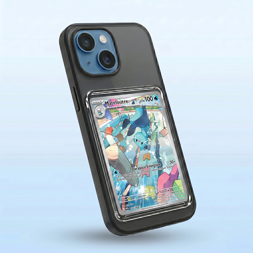 Coque iPhone 13 Mini noire avec slot pour carte (Pokémon, One Piece, Magic & TCG).