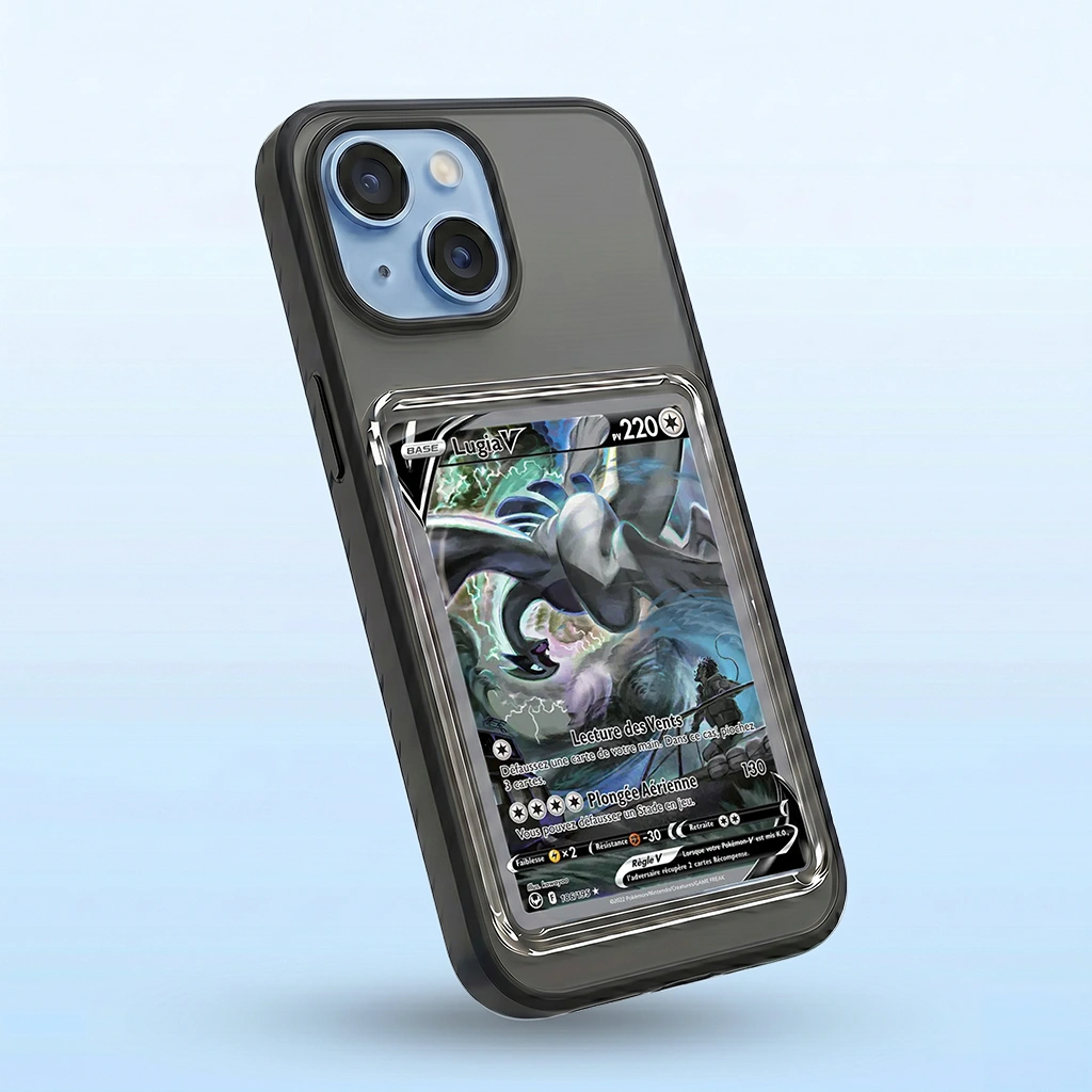 Coque iPhone 14 noire avec slot pour carte (Pokémon, One Piece, Magic & TCG).