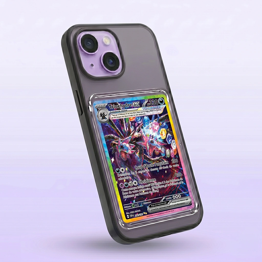 Coque iPhone 14 Plus noire avec slot pour carte (Pokémon, One Piece, Magic & TCG).