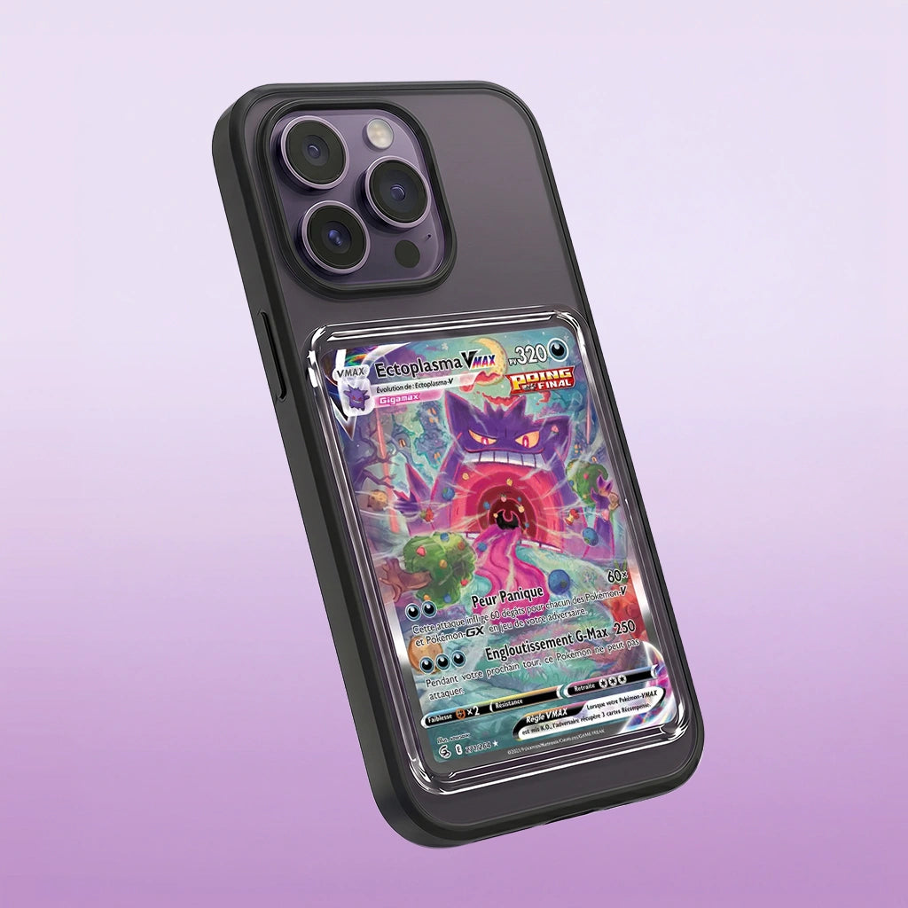 Coque iPhone 14 Pro noire avec slot pour carte (Pokémon, One Piece, Magic & TCG).