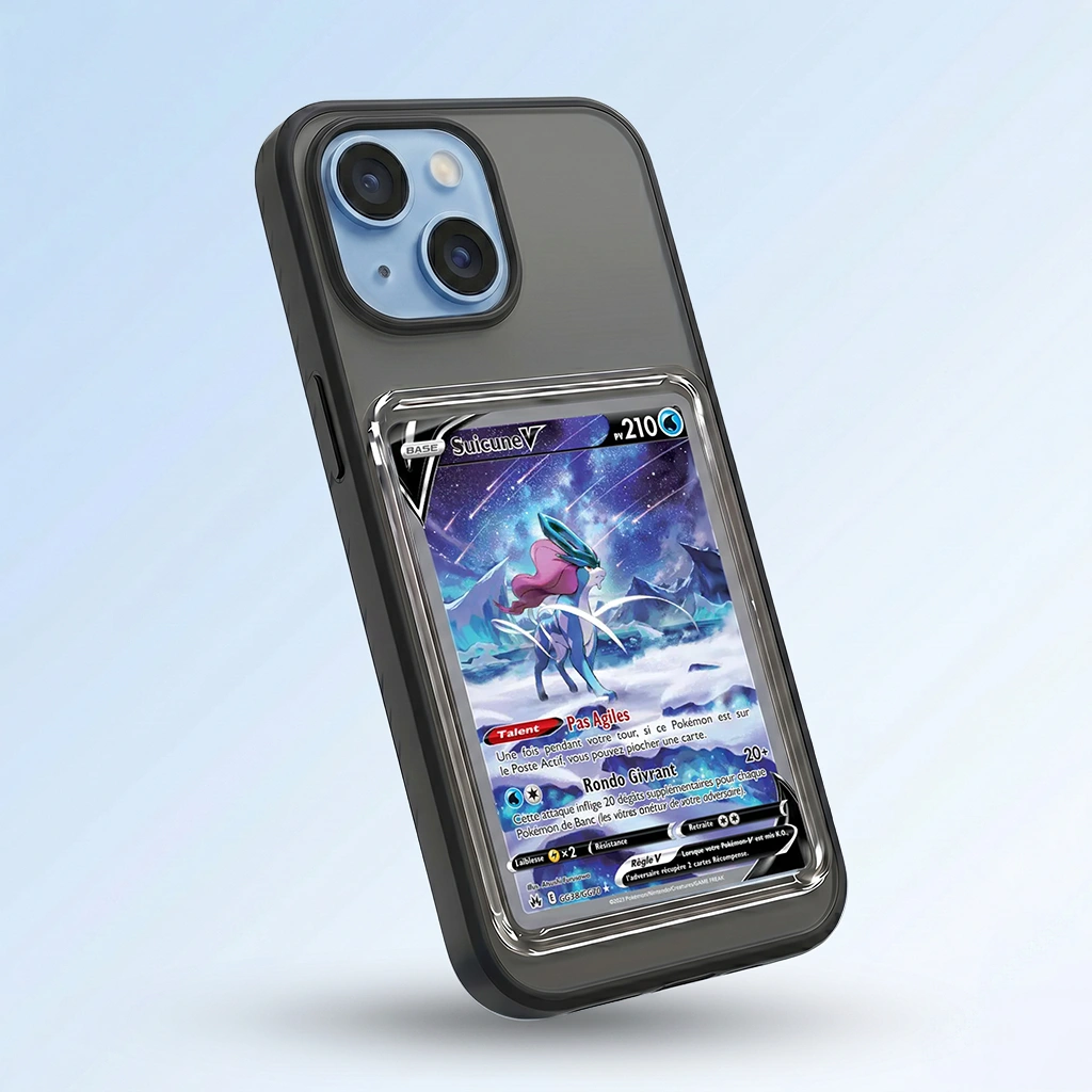 Coque iPhone 15 noire avec slot pour carte (Pokémon, One Piece, Magic & TCG).