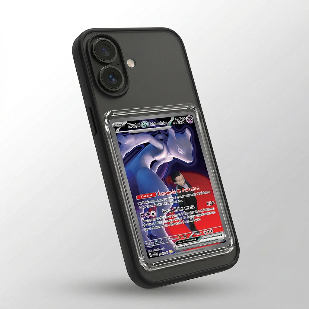 Coque iPhone 16 noire avec slot pour carte (Pokémon, One Piece, Magic & TCG).