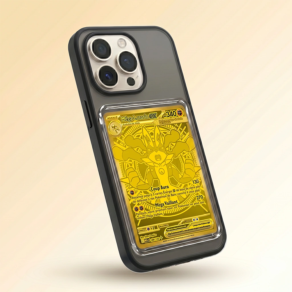 Coque iPhone 16 Pro Max noire avec slot pour carte (Pokémon, One Piece, Magic & TCG).