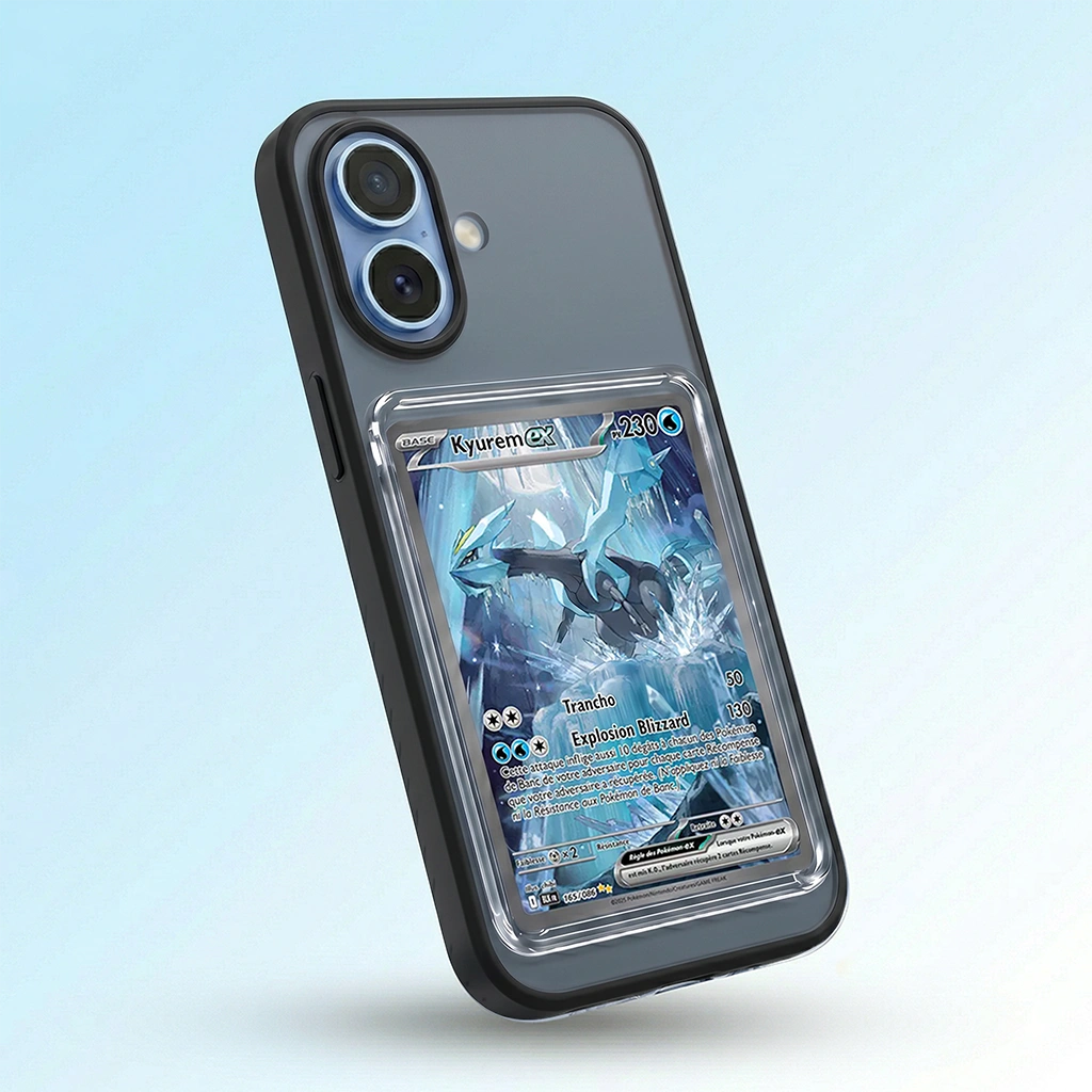 Coque iPhone 17 noire avec slot pour carte (Pokémon, One Piece, Magic & TCG).