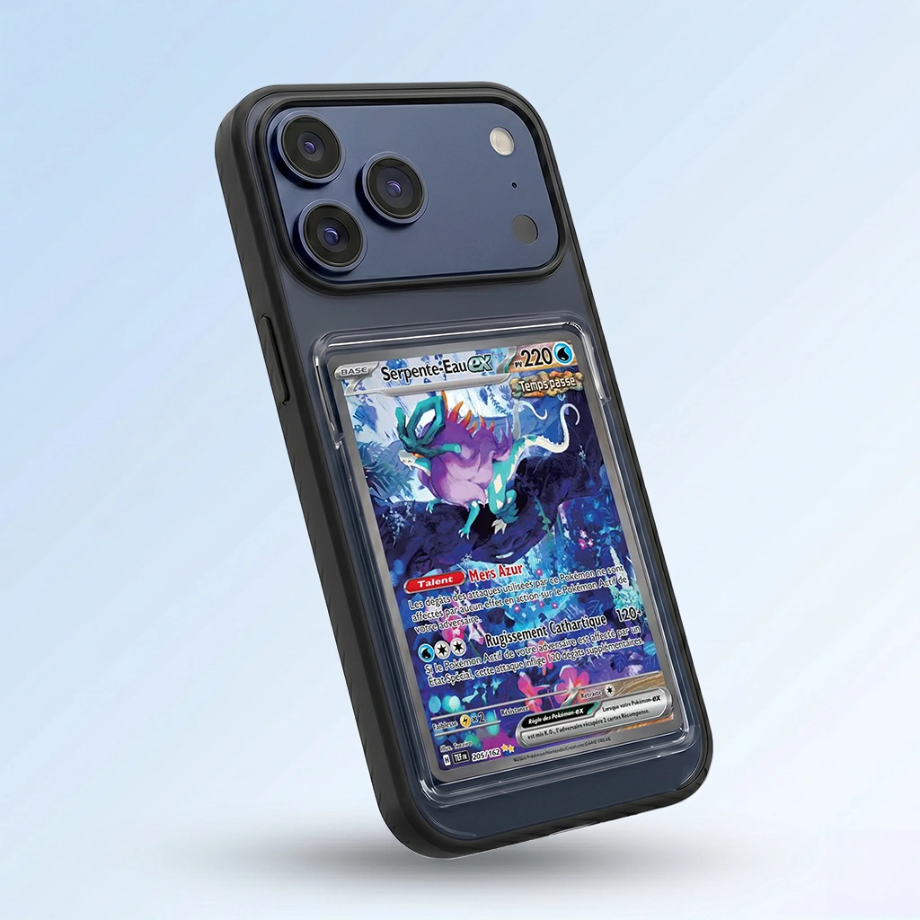 Coque iPhone 17 Pro noire avec slot pour carte (Pokémon, One Piece, Magic & TCG).