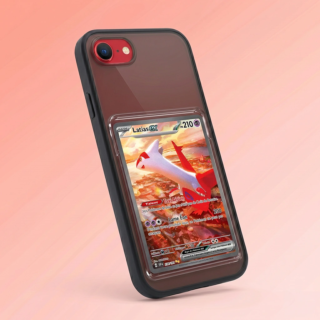 Coque iPhone SE (gen 3) noire avec slot pour carte (Pokémon, One Piece, Magic & TCG).