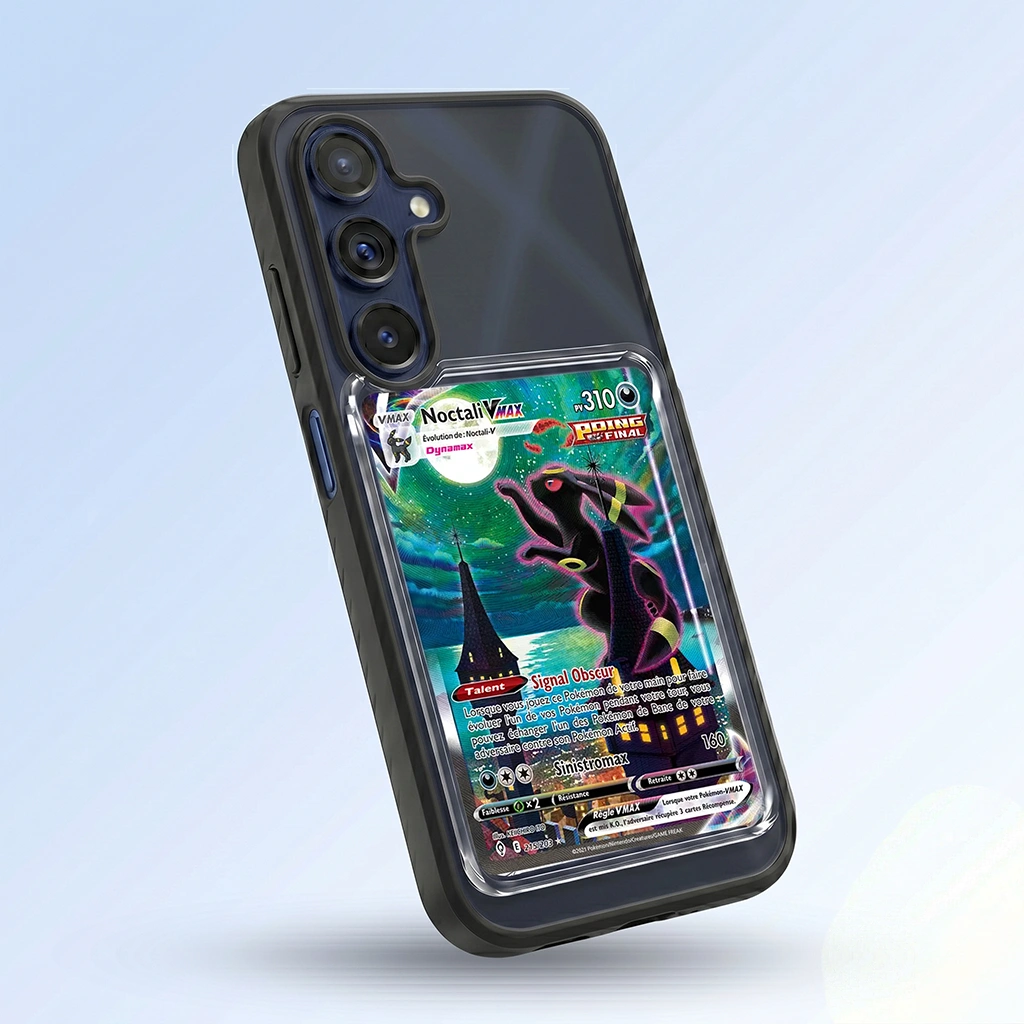 Coque Samsung A25 noire avec slot pour carte (Pokémon, One Piece, Magic & TCG).