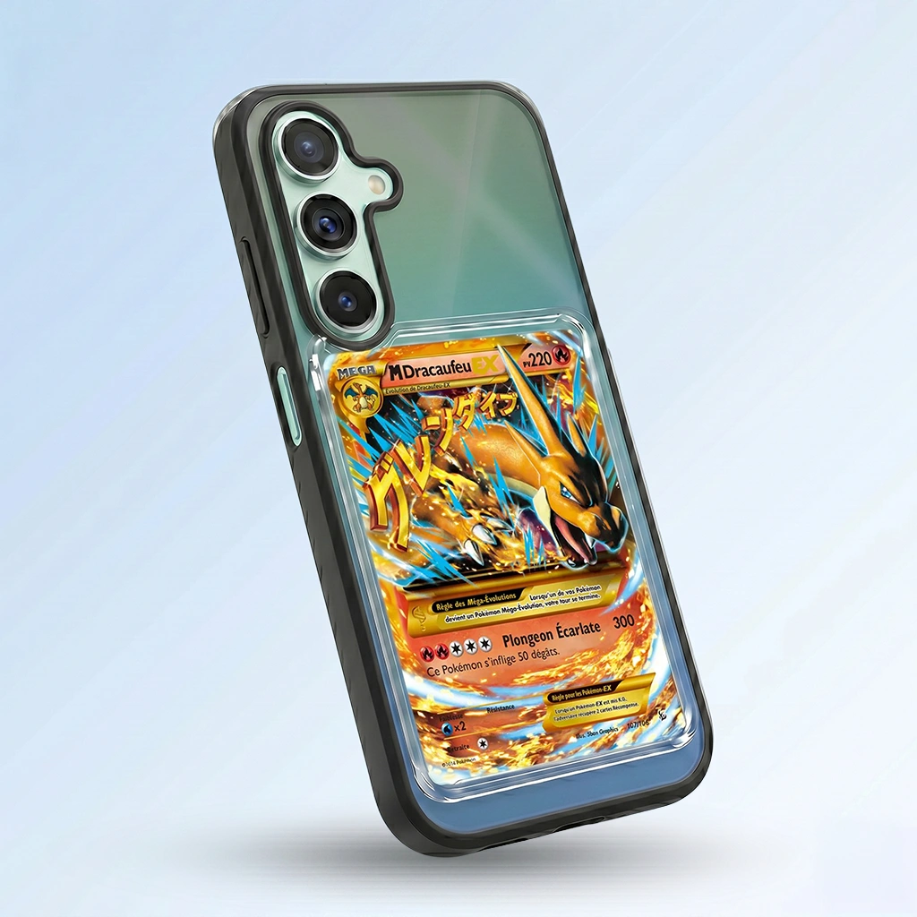 Coque Samsung S24 FE noire avec slot pour carte (Pokémon, One Piece, Magic & TCG).
