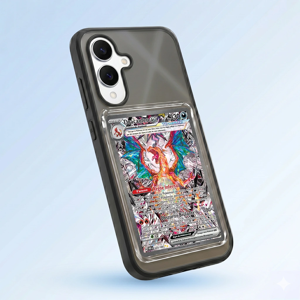 Coque Samsung S25 EDGE noire avec slot pour carte (Pokémon, One Piece, Magic & TCG).