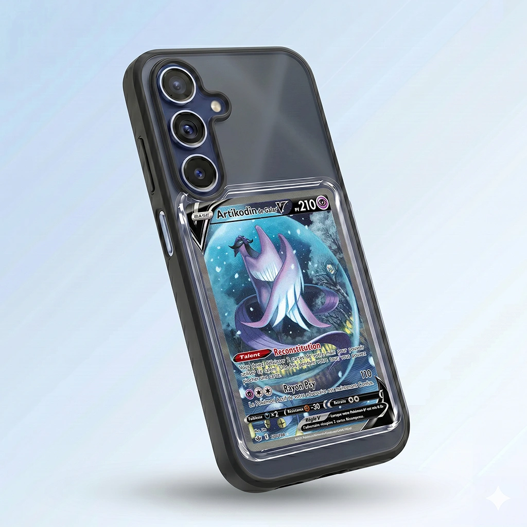 Coque Samsung S25 FE noire avec slot pour carte (Pokémon, One Piece, Magic & TCG).