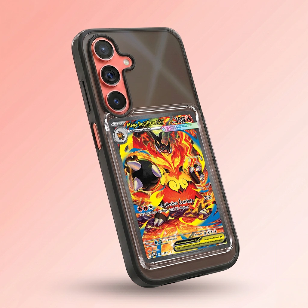 Coque Samsung S25 Plus noire avec slot pour carte (Pokémon, One Piece, Magic & TCG).