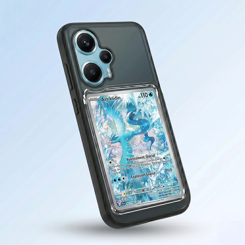 Coque Xiaomi Poco F5 noire avec slot pour carte (Pokémon, One Piece, Magic & TCG).