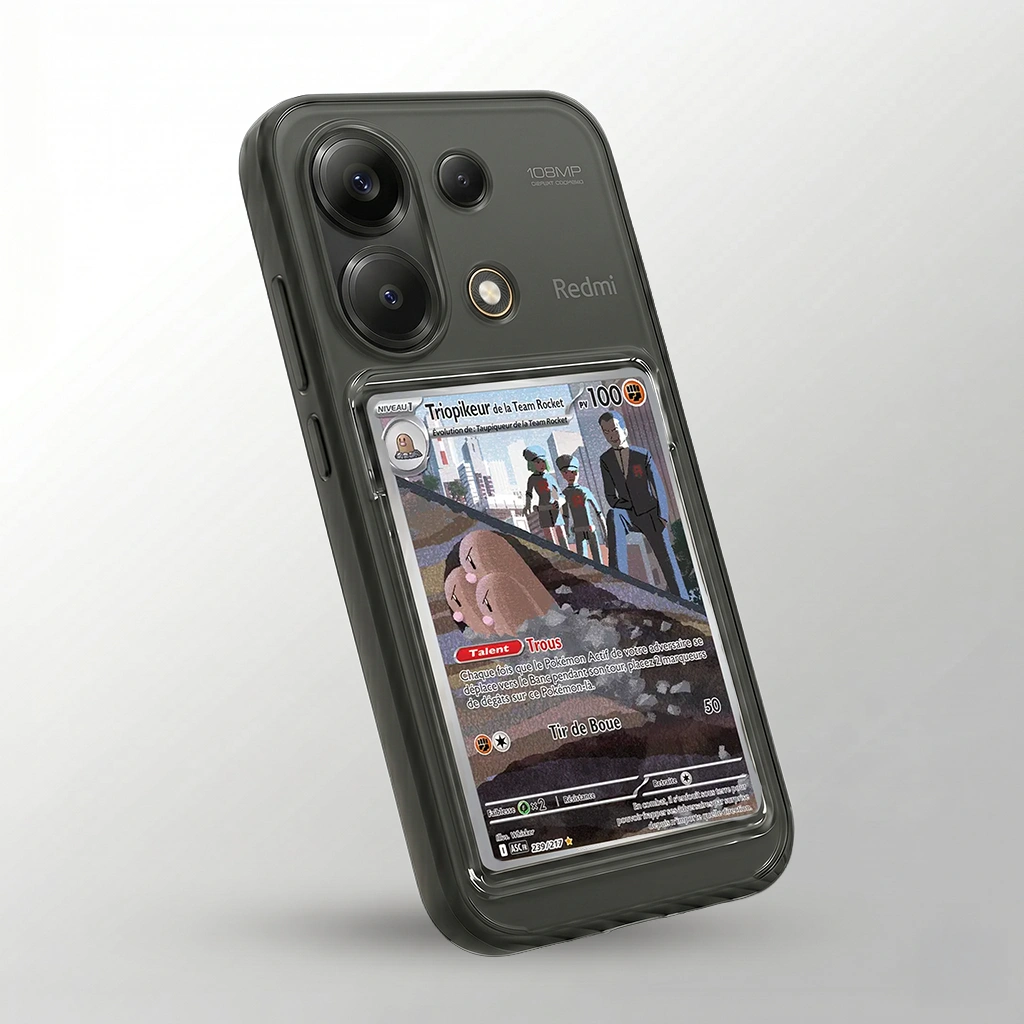 Coque Xiaomi Redmi Note 13 noire avec slot pour carte (Pokémon, One Piece, Magic & TCG).
