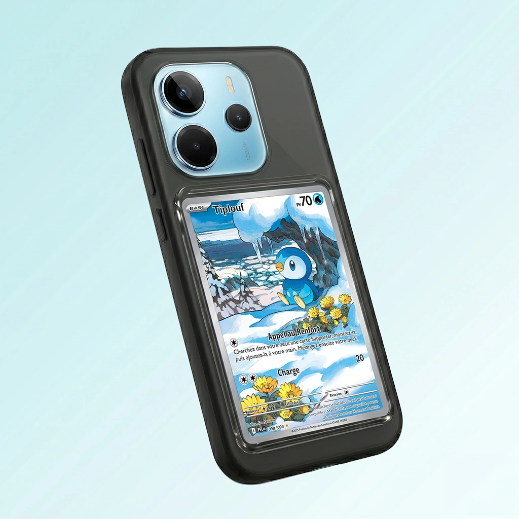 Coque Xiaomi Redmi Note 14 noire avec slot pour carte (Pokémon, One Piece, Magic & TCG).