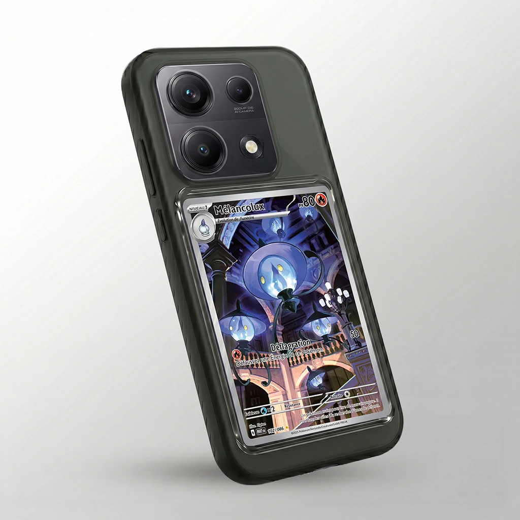 Coque Xiaomi Redmi Note 14S noire avec slot pour carte (Pokémon, One Piece, Magic & TCG).