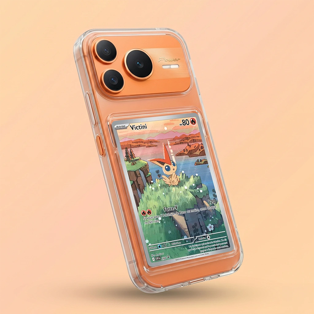 Coque Honor POWER transparente avec slot pour carte (Pokémon, One Piece, Magic & TCG).