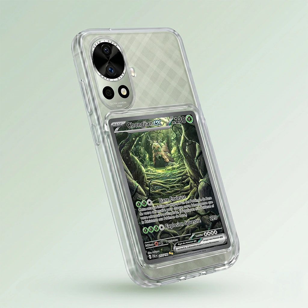 Coque Nova 13 transparente + slot carte (Pokémon, One Piece, Magic & TCG).