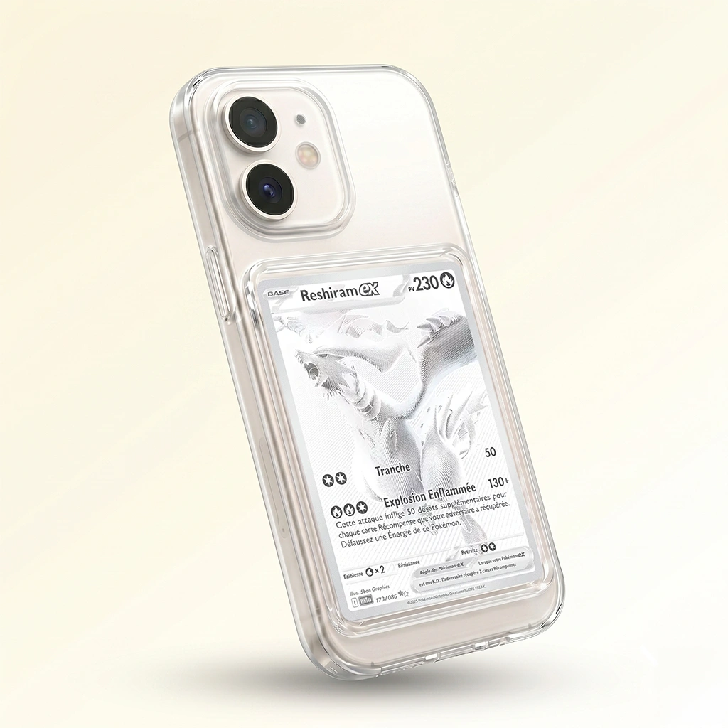 Coque iPhone 12 MINI transparent slot pour carte (Pokémon, One Piece, Magic & TCG).
