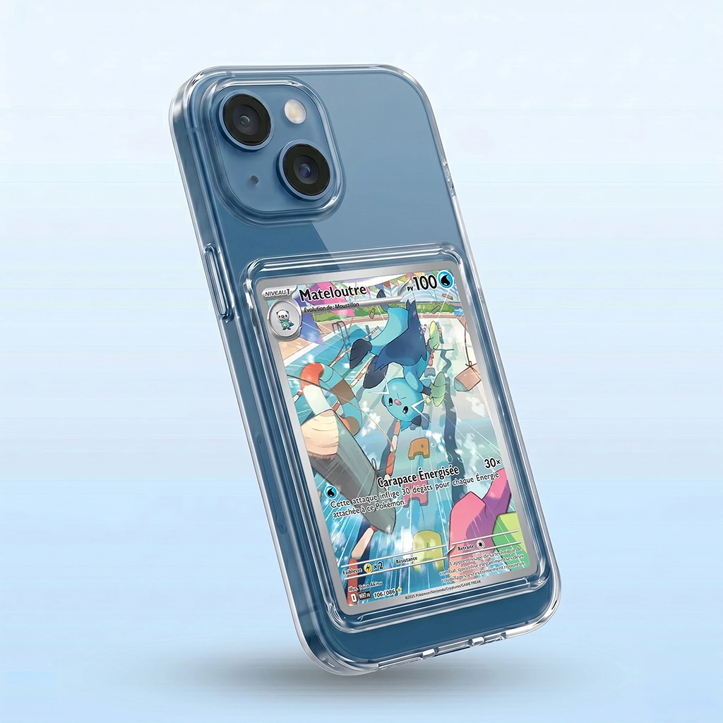 Coque iPhone 13 Mini transparent avec slot pour carte (Pokémon, One Piece, Magic & TCG).