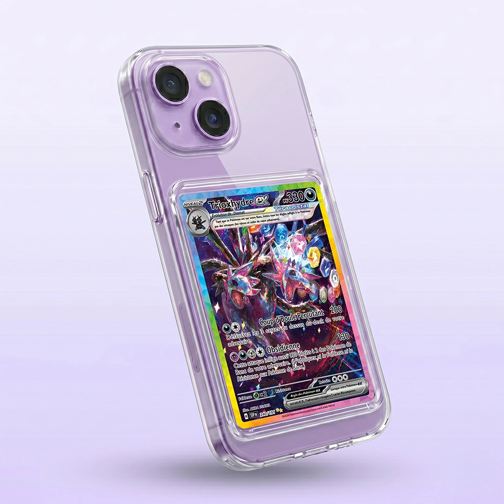 Coque iPhone 14 Plus Transparent  avec slot pour carte (Pokémon, One Piece, Magic & TCG).