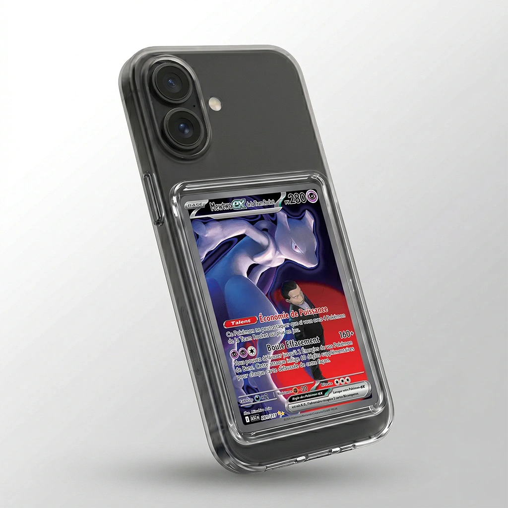 Coque iPhone 16 Transparent avec slot pour carte (Pokémon, One Piece, Magic & TCG).