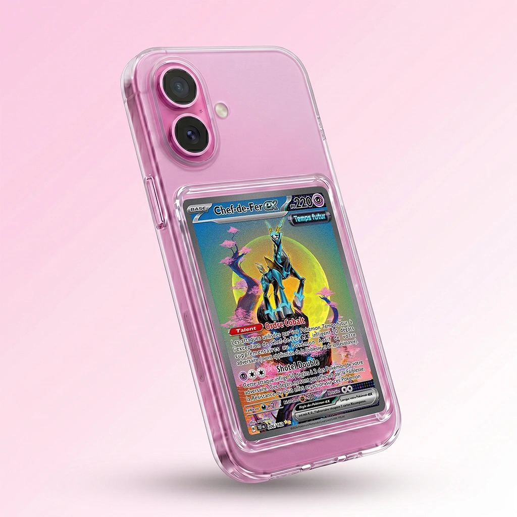 Coque iPhone 16 Plus transparent avec slot pour carte (Pokémon, One Piece, Magic & TCG).