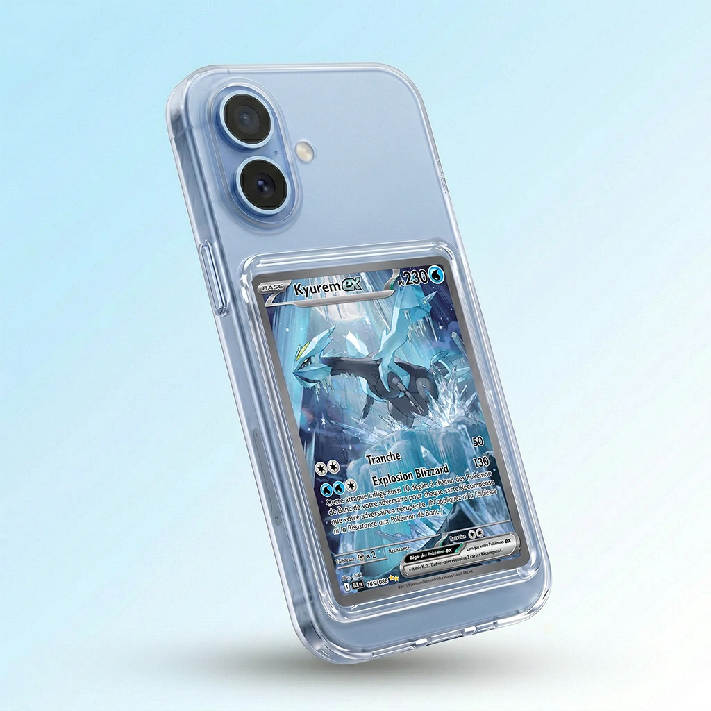 Coque iPhone 17 transparent avec slot pour carte (Pokémon, One Piece, Magic & TCG).