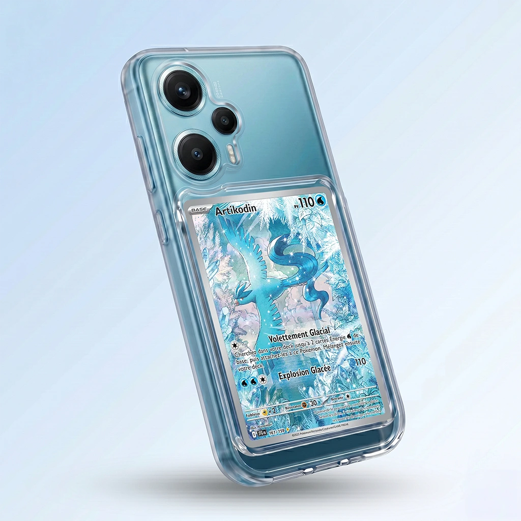 Coque Poco F5 transparente avec slot pour carte (Pokémon, One Piece, Magic & TCG).