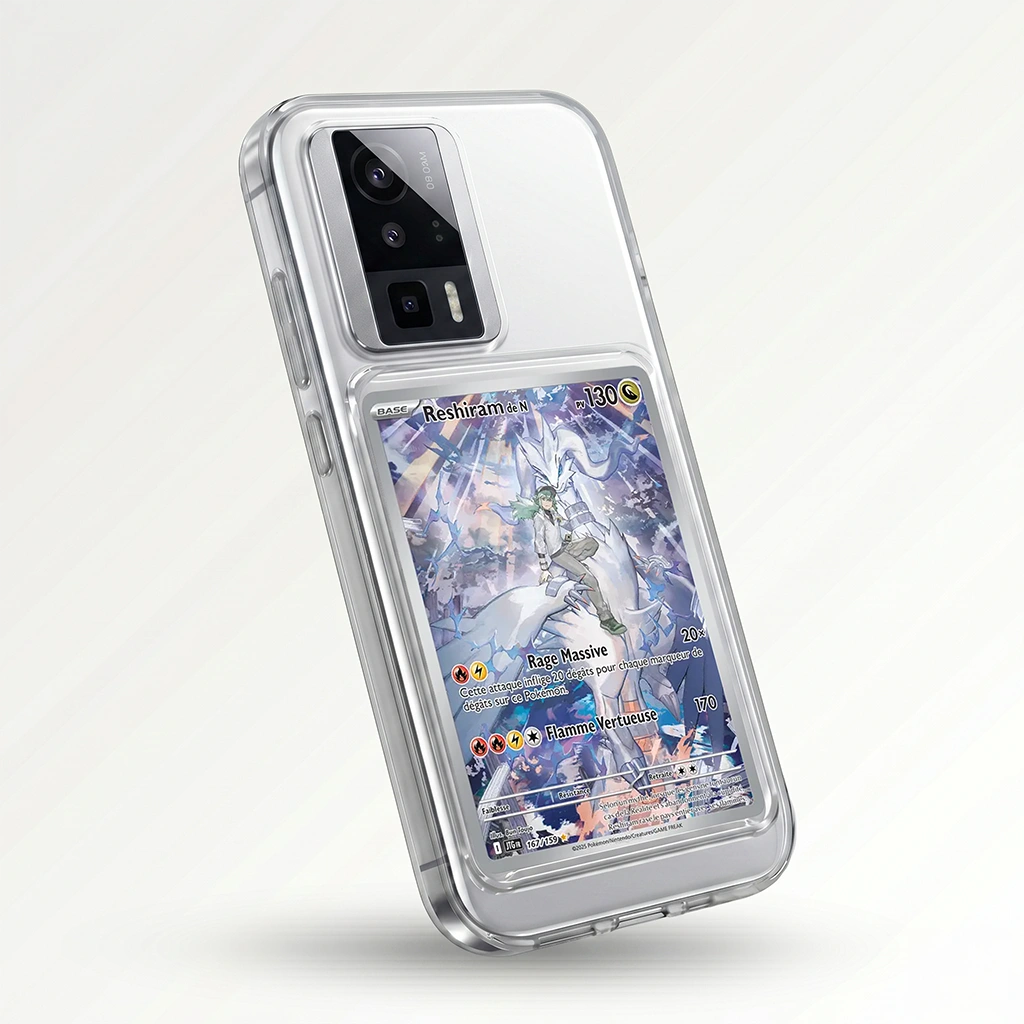 Coque Poco F5 Pro transparente avec slot pour carte (Pokémon, One Piece, Magic & TCG).