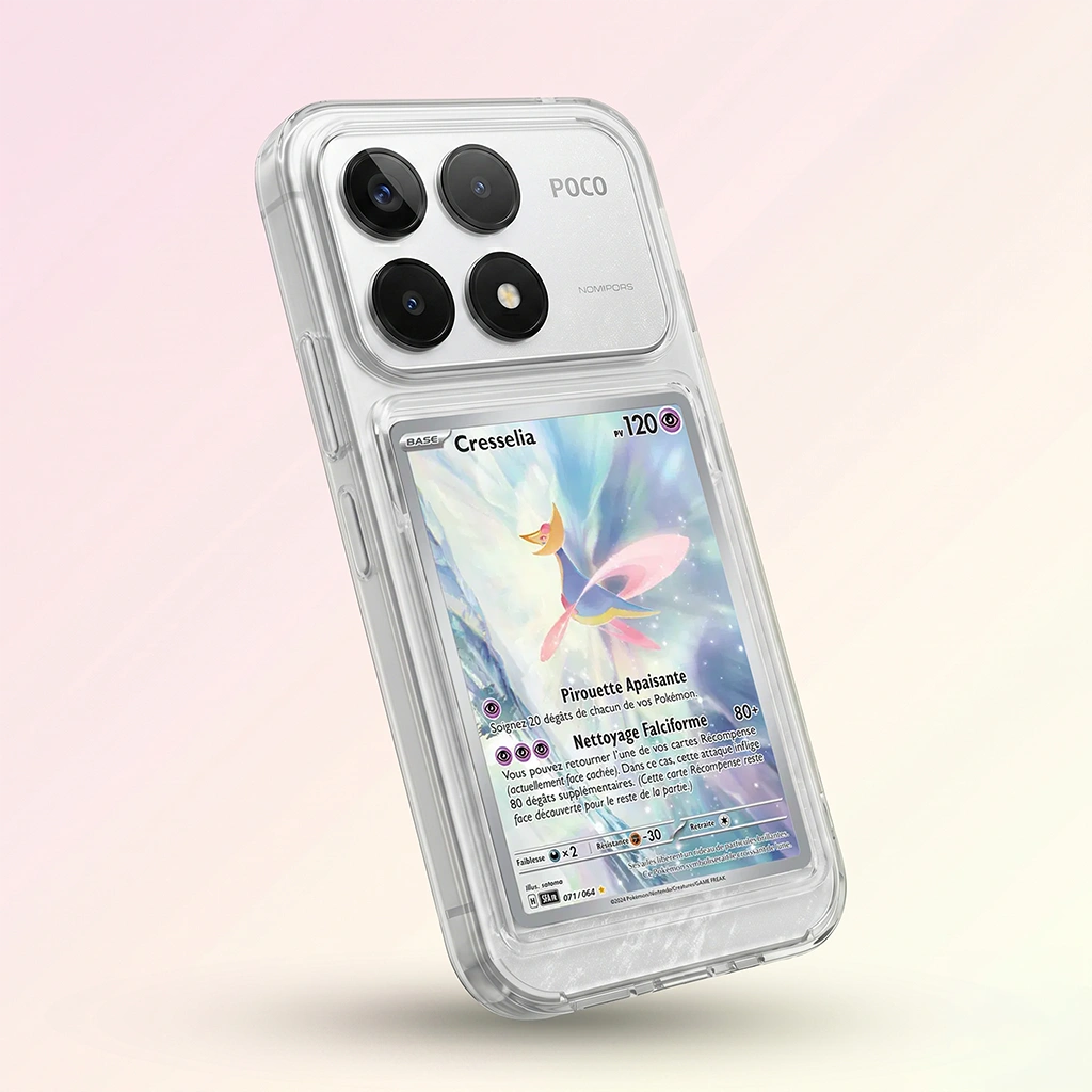 Coque Poco F6 Pro transparente avec slot pour carte (Pokémon, One Piece, Magic & TCG).