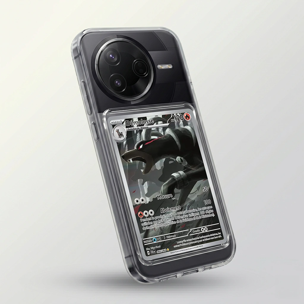 Coque Poco F7 Pro transparente avec slot pour carte (Pokémon, One Piece, Magic & TCG).
