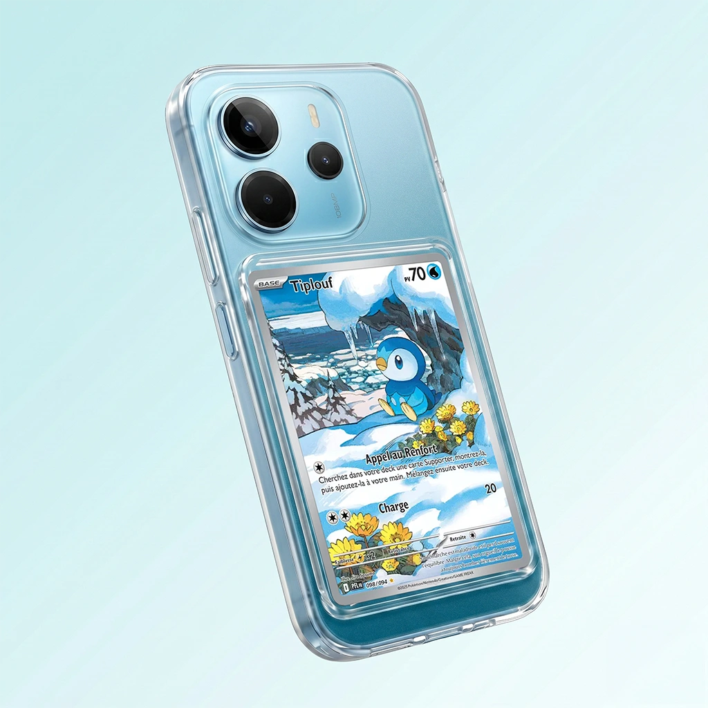 Coque Redmi Note 14 transparente + slot carte (Pokémon, One Piece, Magic & TCG).