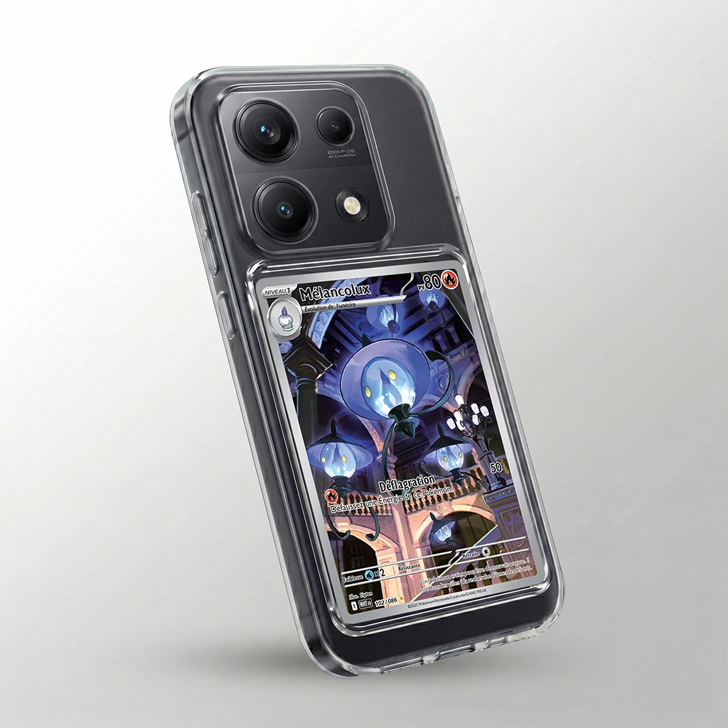 Coque Redmi Note 14S transparente + slot carte (Pokémon, One Piece, Magic & TCG).