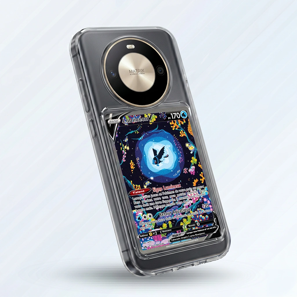 Coque Honor X50 PRO transparente avec slot pour carte (Pokémon, One Piece, Magic & TCG).