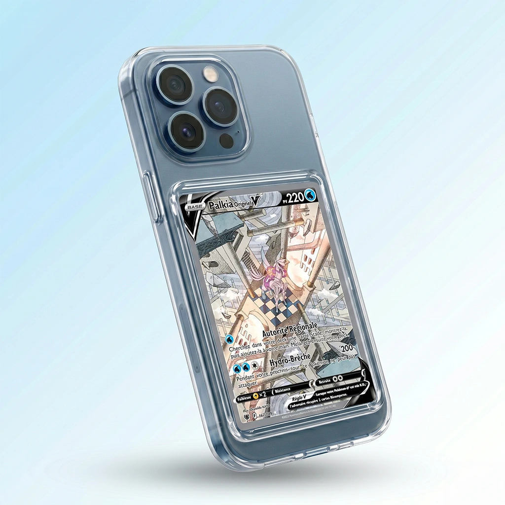 Coque iPhone 12 Pro Max transparente avec slot pour carte (Pokémon, One Piece, Magic & TCG).