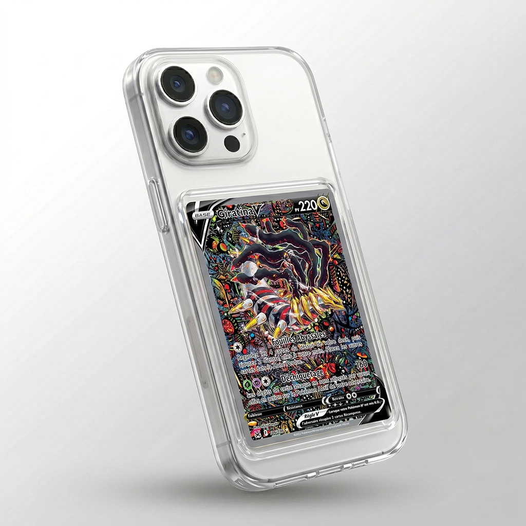Coque iPhone 13 Pro transparente avec slot pour carte (Pokémon, One Piece, Magic & TCG).