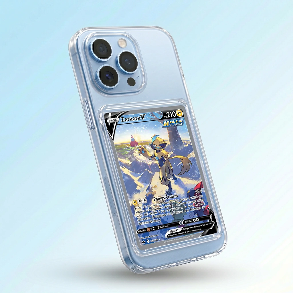 Coque iPhone 13 Pro Max transparente avec slot pour carte (Pokémon, One Piece, Magic & TCG).