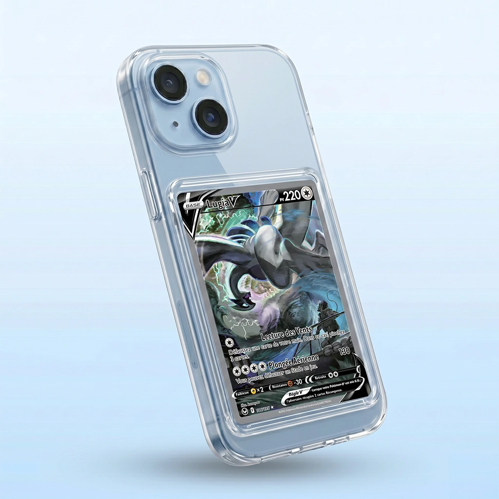 Coque iPhone 14 transparente avec slot pour carte (Pokémon, One Piece, Magic & TCG).