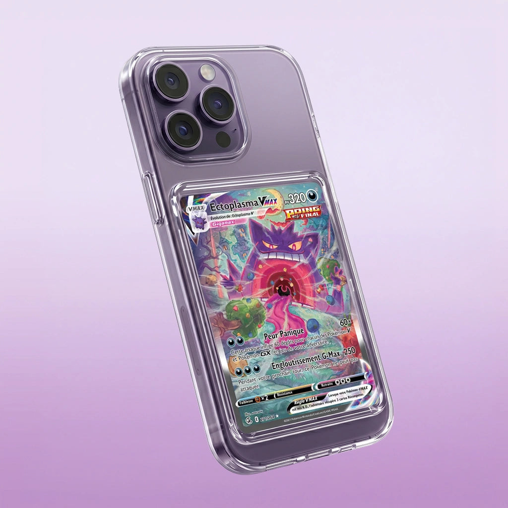 Coque iPhone 14 Pro transparente avec slot pour carte (Pokémon, One Piece, Magic & TCG).