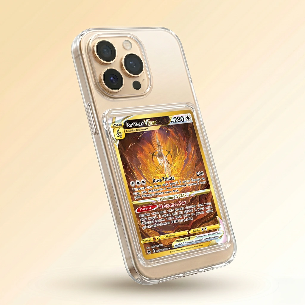 Coque iPhone 14 Pro Max transparente avec slot pour carte (Pokémon, One Piece, Magic & TCG).