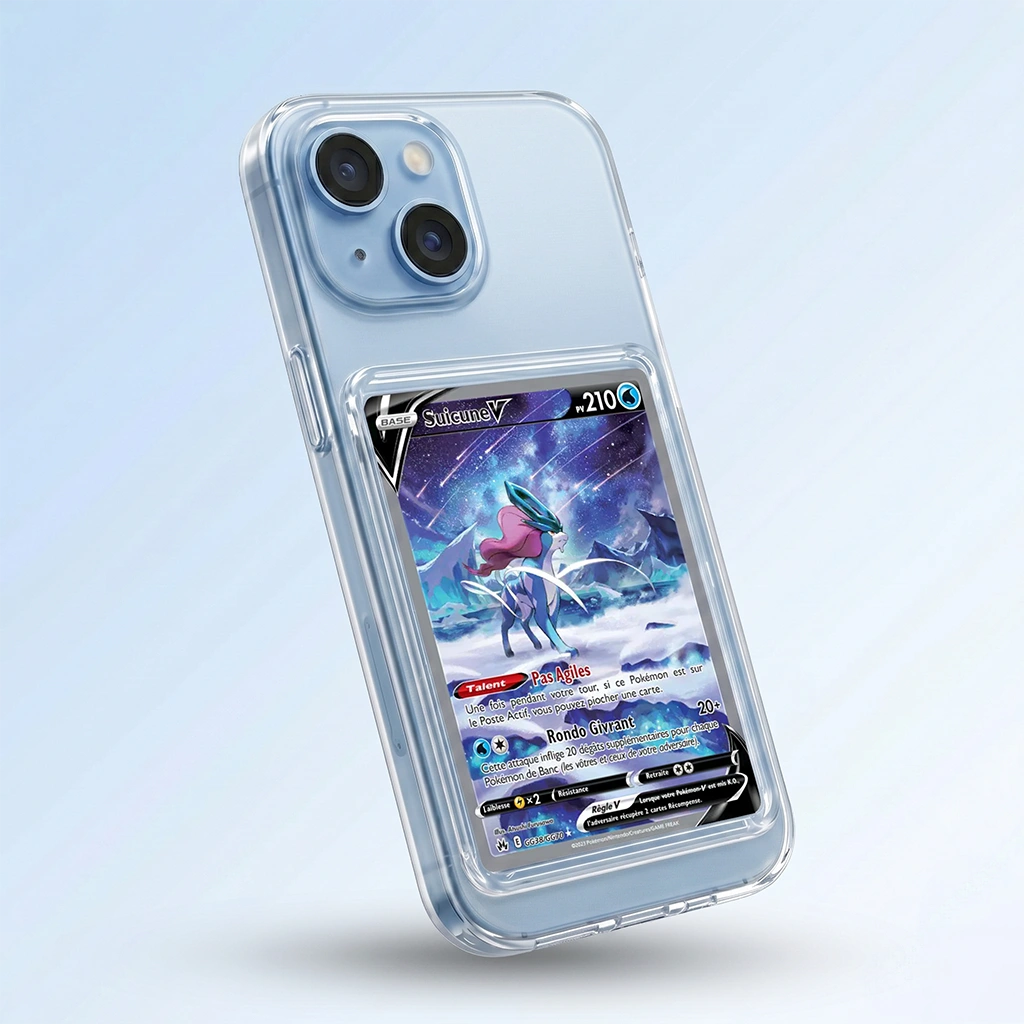 Coque iPhone 15 transparente avec slot pour carte (Pokémon, One Piece, Magic & TCG).
