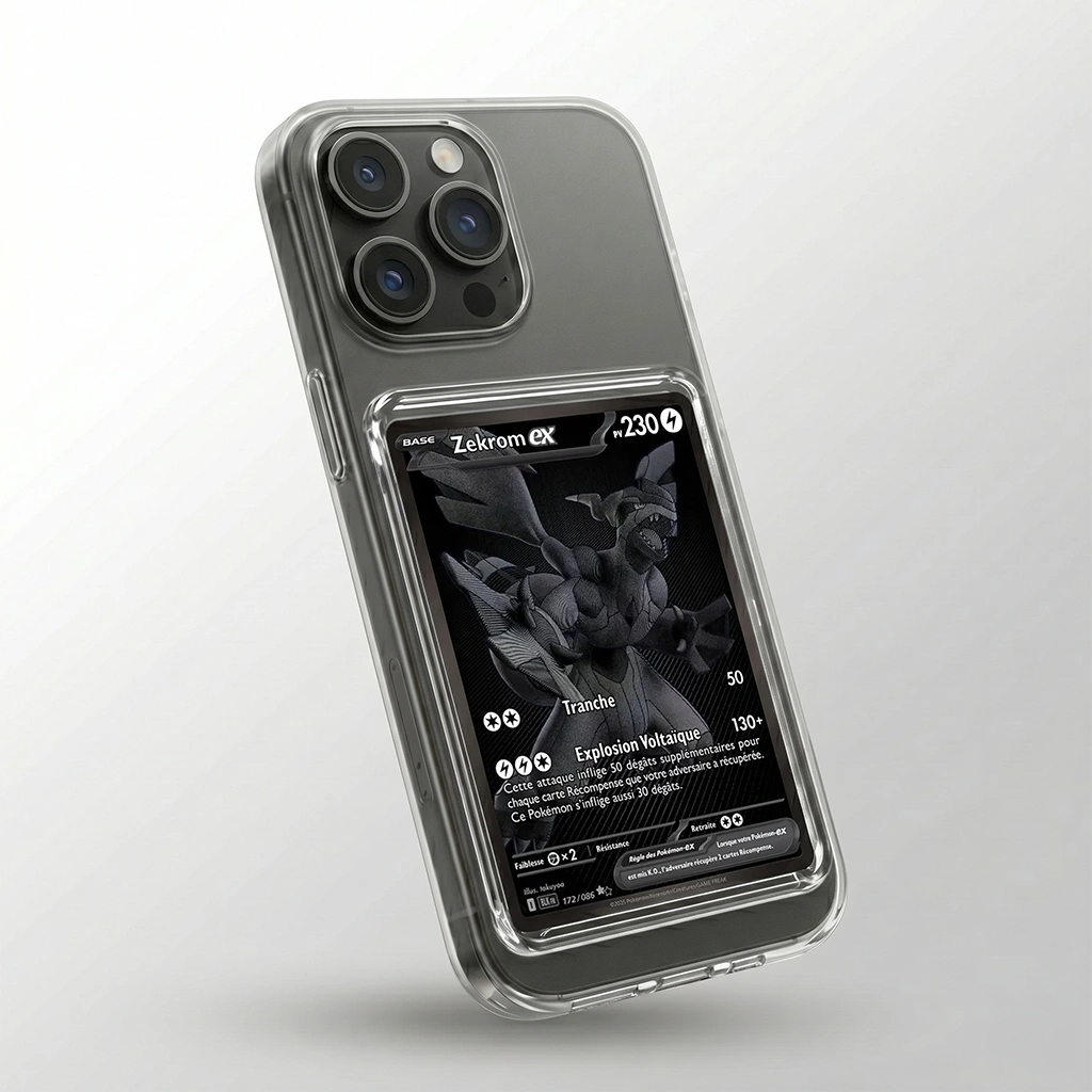 Coque iPhone 15 Pro transparente avec slot pour carte (Pokémon, One Piece, Magic & TCG).