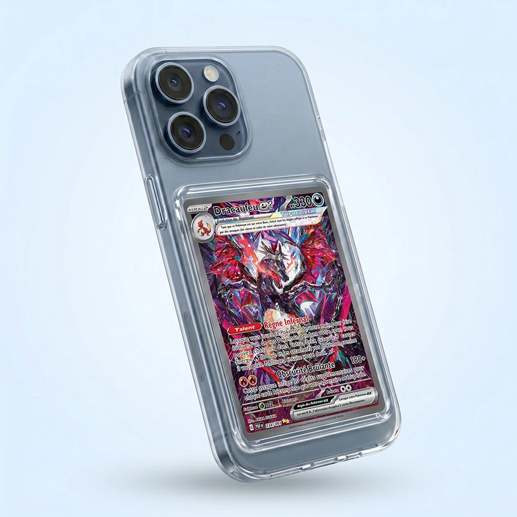 Coque iPhone 15 Pro Max transparente avec slot pour carte (Pokémon, One Piece, Magic & TCG).
