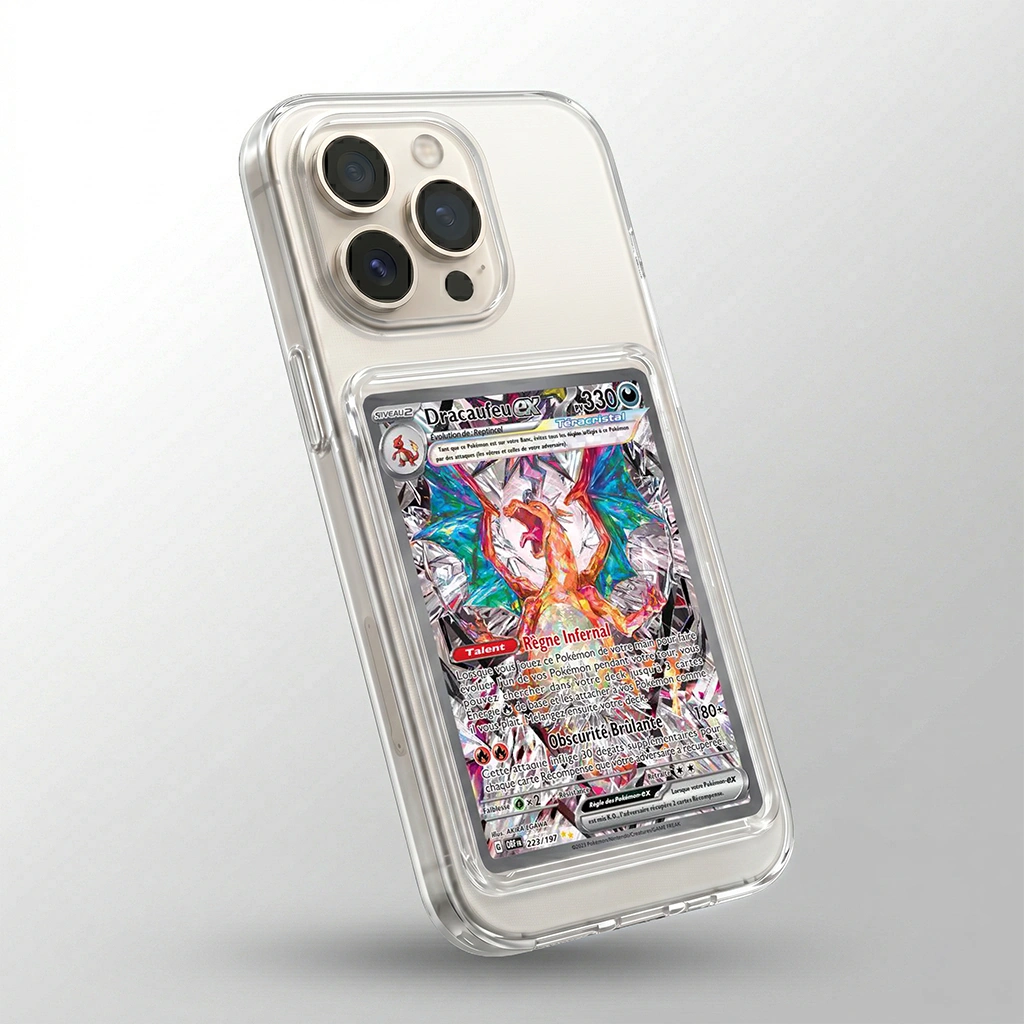 Coque iPhone 16 Pro transparente avec slot pour carte (Pokémon, One Piece, Magic & TCG).