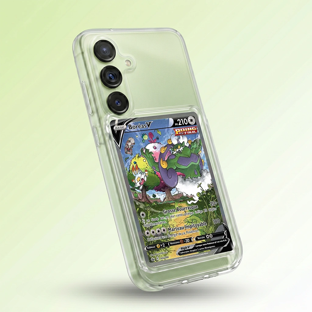 Coque Samsung A14 transparente avec slot pour carte (Pokémon, One Piece, Magic & TCG).