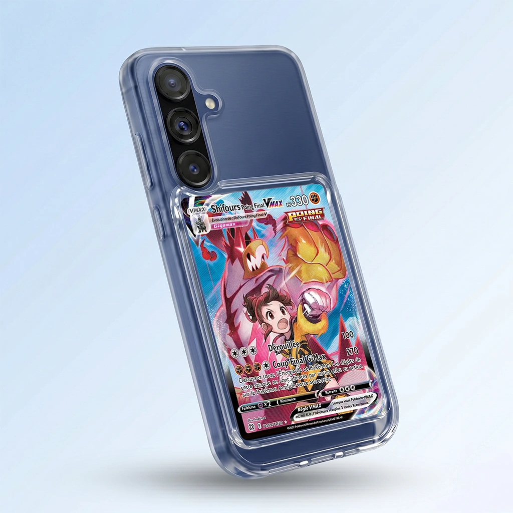 Coque Samsung A17 transparente avec slot pour carte (Pokémon, One Piece, Magic & TCG).