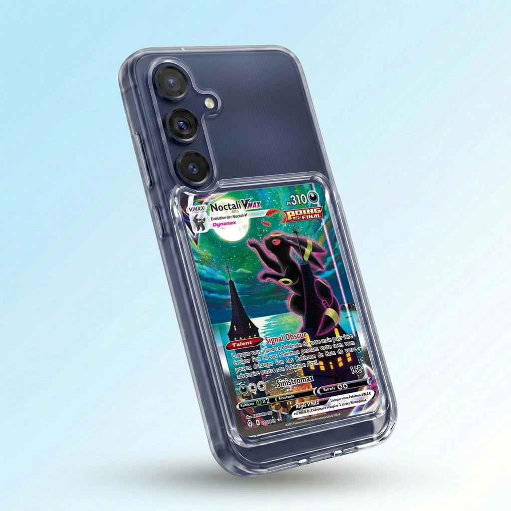 Coque Samsung A25 transparente avec slot pour carte (Pokémon, One Piece, Magic & TCG).