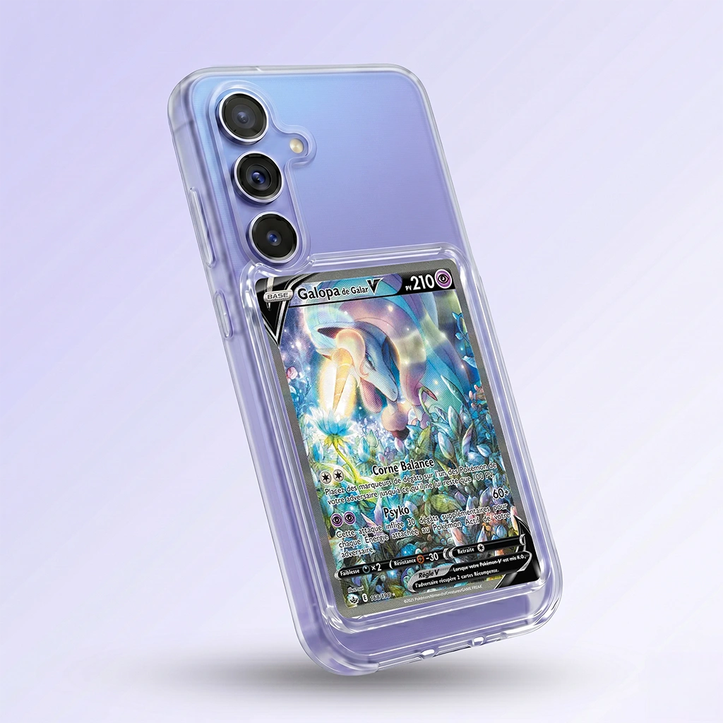 Coque Samsung A36 transparente avec slot pour carte (Pokémon, One Piece, Magic & TCG).