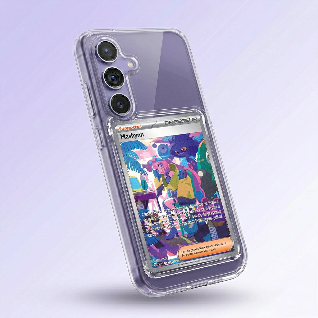 Coque Samsung A55 transparente avec slot pour carte (Pokémon, One Piece, Magic & TCG).